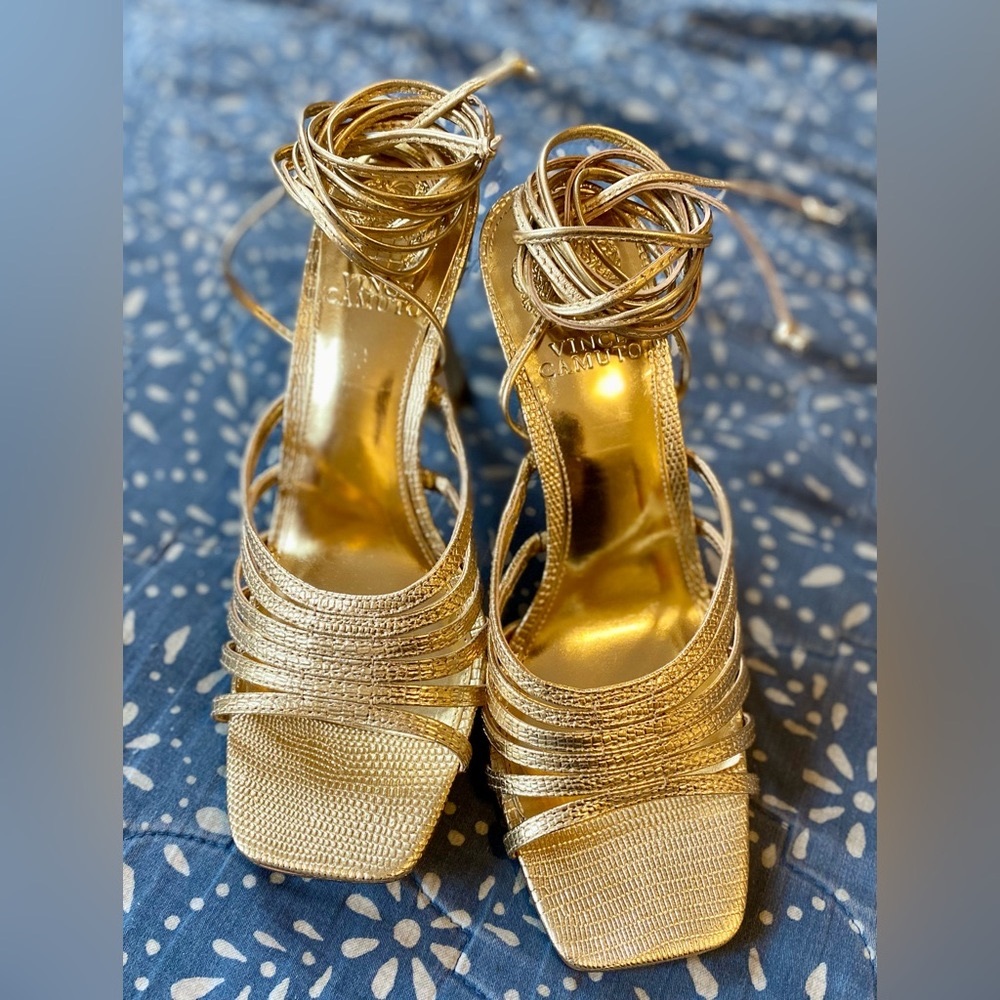 Gold Metallic Vince Camuto Ankle Wrap Heels